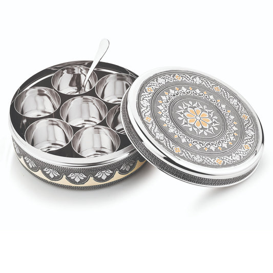 BUB Designer Masala Dabba 22.5cm | Handmade Meenakari Stainless Steel Indian Spice Tin with 7 Pots & Spoon