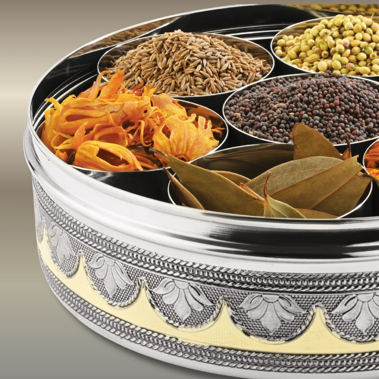 BUB Designer Masala Dabba 22.5cm | Handmade Meenakari Stainless Steel Indian Spice Tin with 7 Pots & Spoon