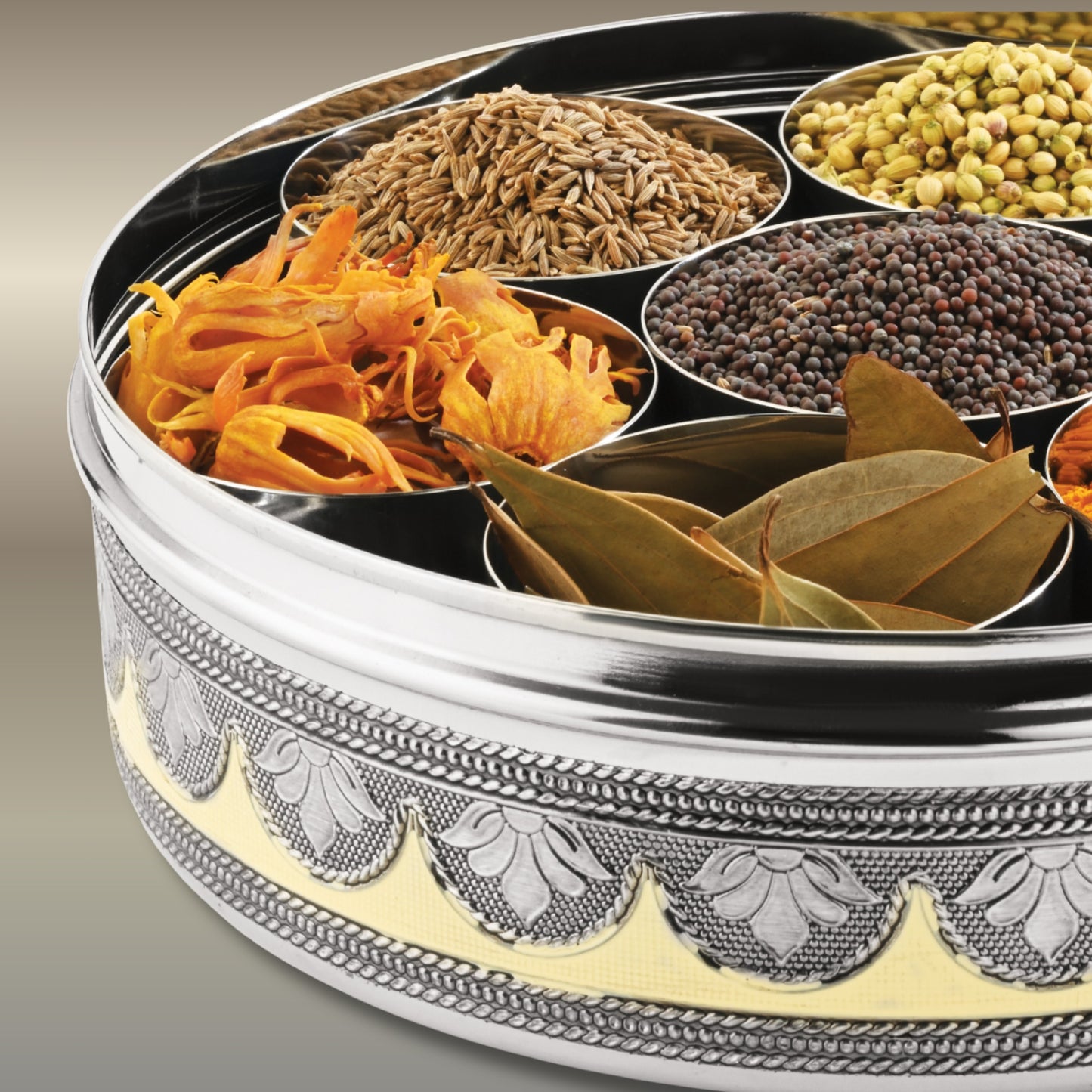 BUB Designer Masala Dabba 22.5cm | Handmade Meenakari Stainless Steel Indian Spice Tin with 7 Pots & Spoon
