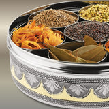 BUB Designer Masala Dabba 22.5cm | Handmade Meenakari Stainless Steel Indian Spice Tin with 7 Pots & Spoon