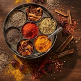BUB Designer Masala Dabba 22.5cm | Handmade Meenakari Stainless Steel Indian Spice Tin with 7 Pots & Spoon
