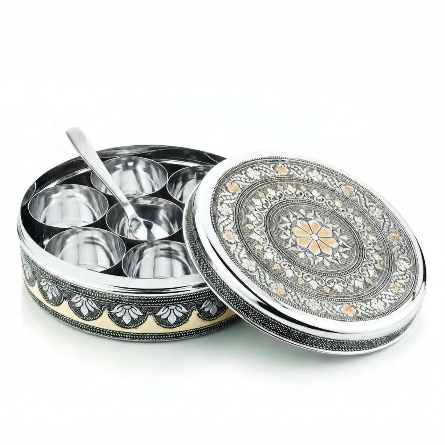BUB Designer Masala Dabba 18.5cm | Handmade Meenakari Stainless Steel Indian Spice Tin with 7 Pots & Spoon