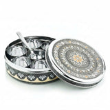 BUB Designer Masala Dabba 18.5cm | Handmade Meenakari Stainless Steel Indian Spice Tin with 7 Pots & Spoon