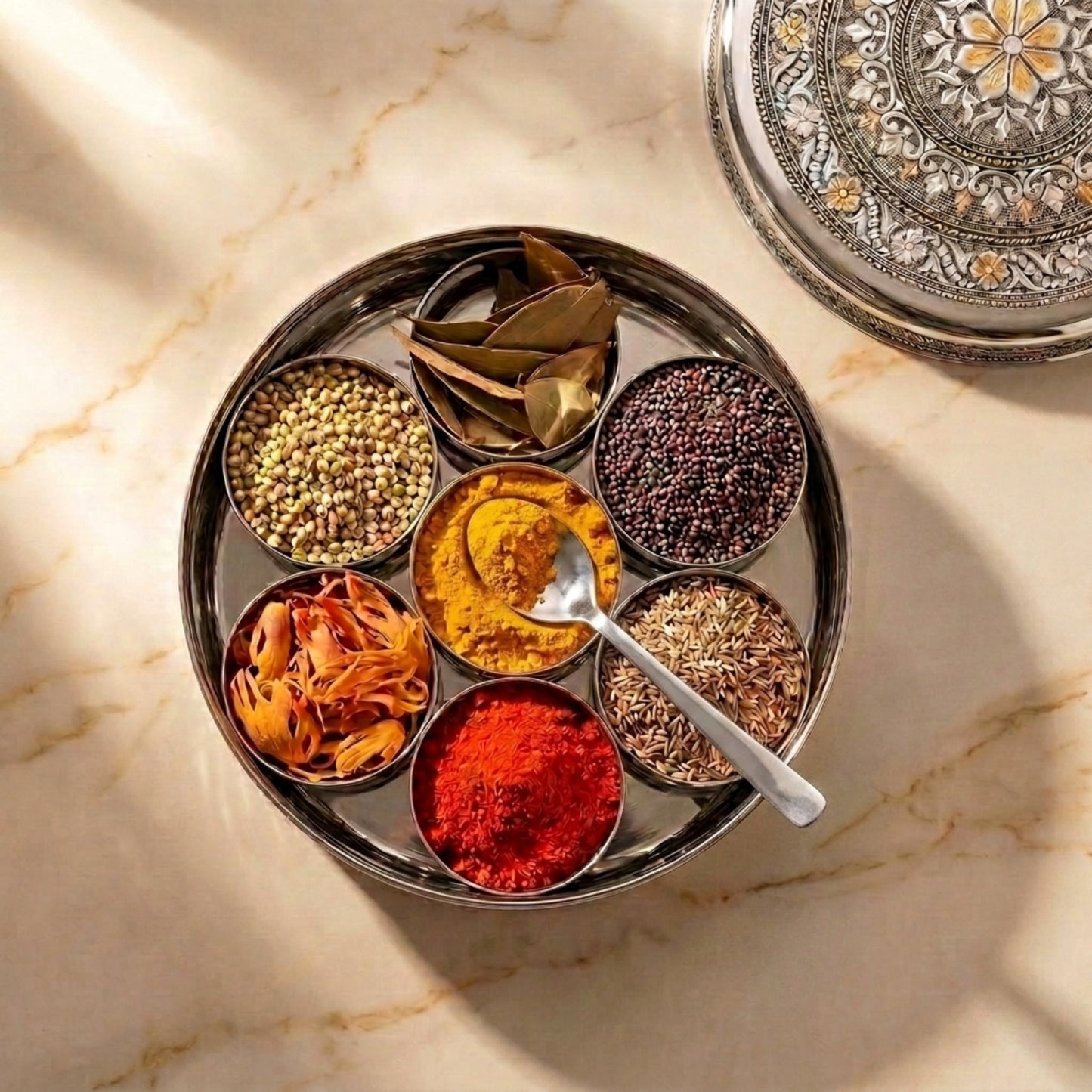 BUB Designer Masala Dabba 18.5cm | Handmade Meenakari Stainless Steel Indian Spice Tin with 7 Pots & Spoon