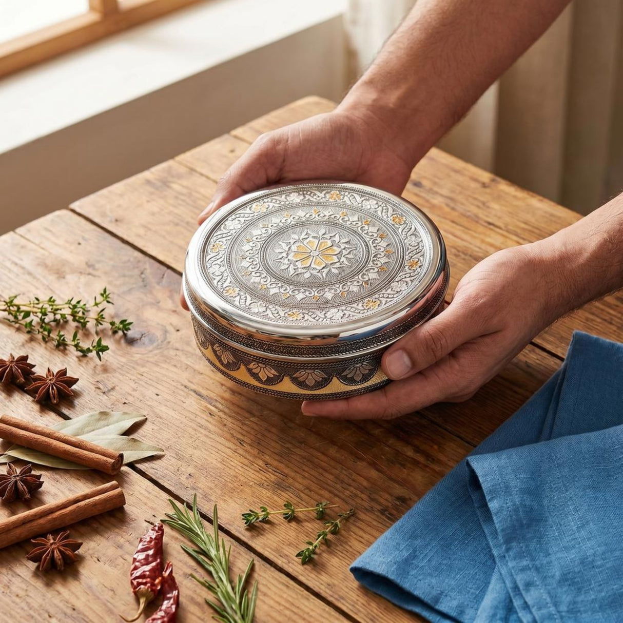 BUB Designer Masala Dabba 18.5cm | Handmade Meenakari Stainless Steel Indian Spice Tin with 7 Pots & Spoon