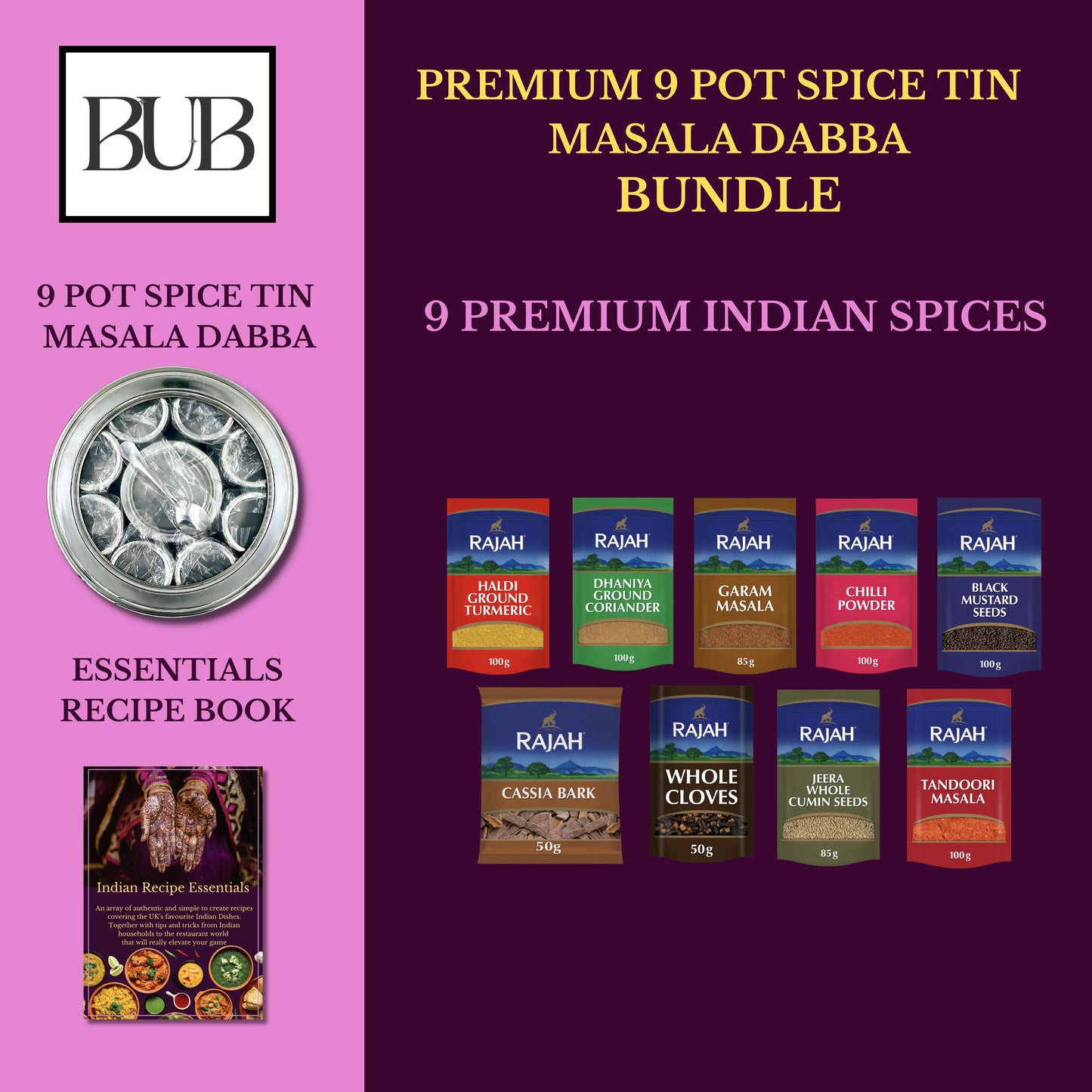 BUB 22cm Premium Stainless Steel Masala Dabba Spice Tin — Complete Indian Spice Box with Rajah Spices & Recipe Book