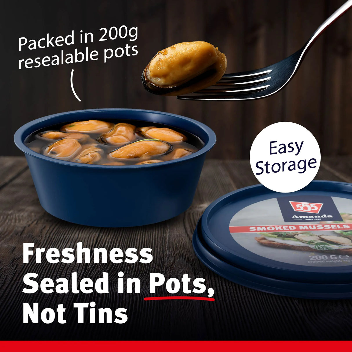 Ready to eat smoked mussels in plastic pots