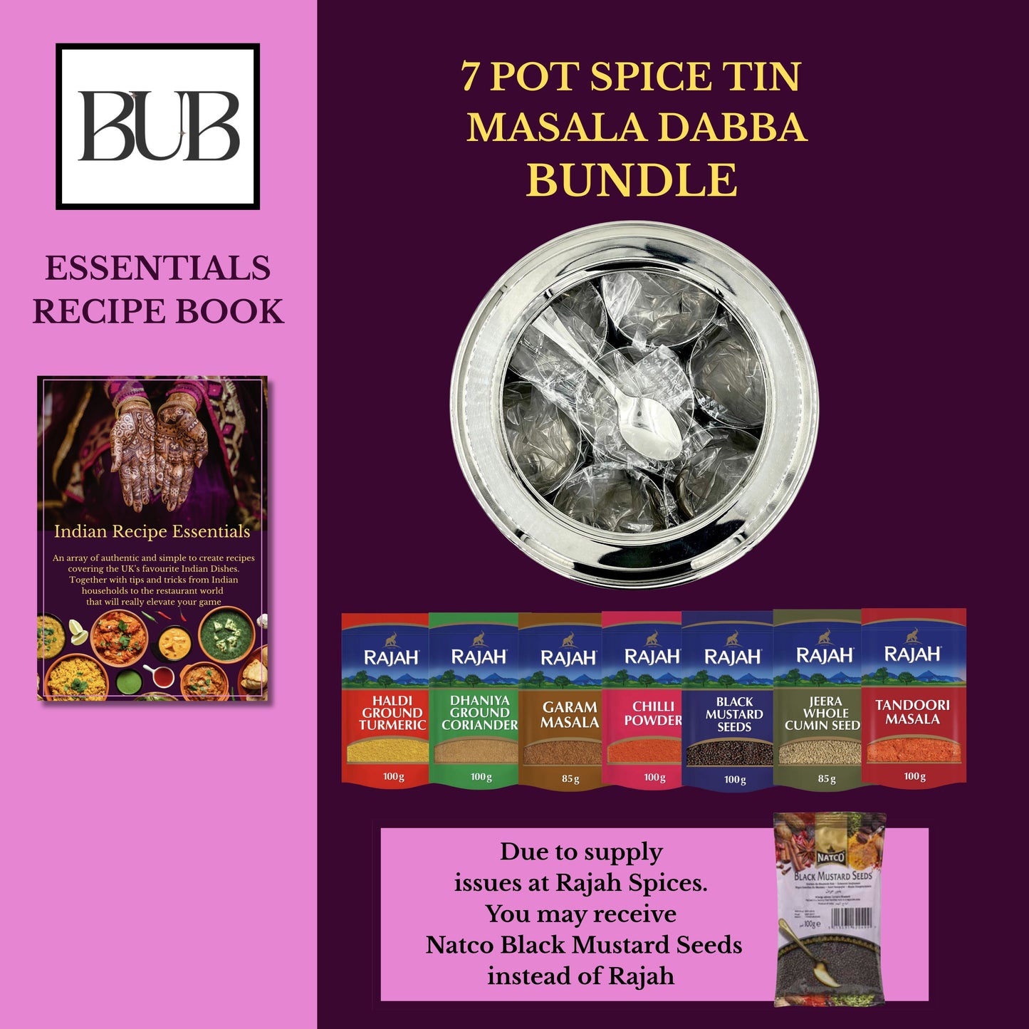 Masala Dabba Gift Set 18.5cm | Indian Spice Tin with Rajah Spices & Recipe Book