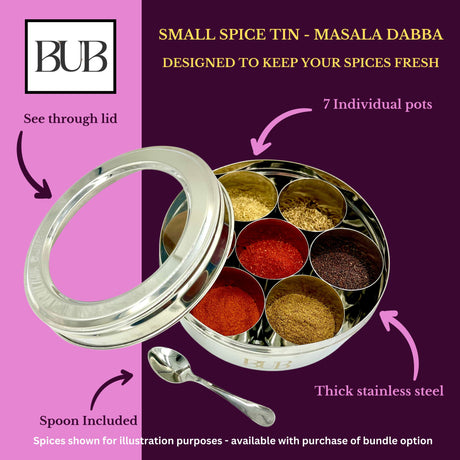 Masala Dabba Gift Set 18.5cm | Indian Spice Tin with Rajah Spices & Recipe Book