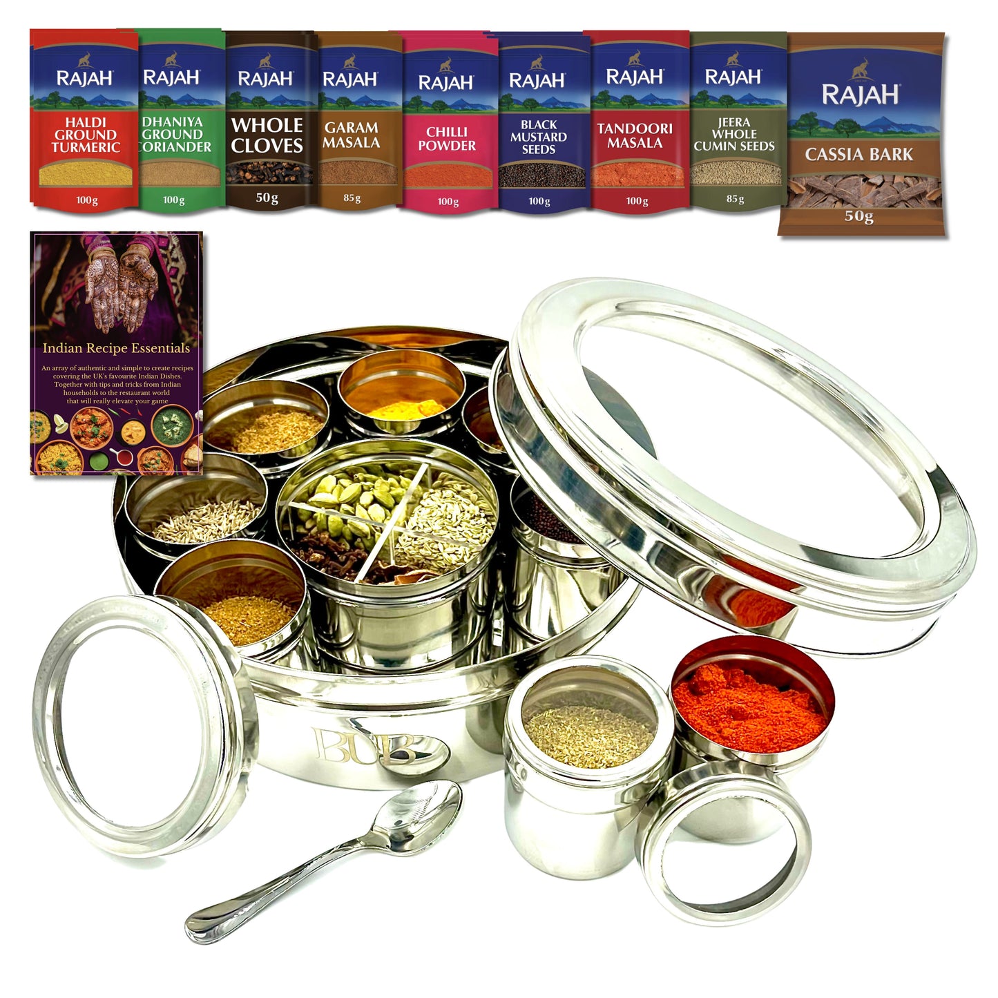 BUB 22cm Premium Stainless Steel Masala Dabba Spice Tin — Complete Indian Spice Box with Rajah Spices & Recipe Book