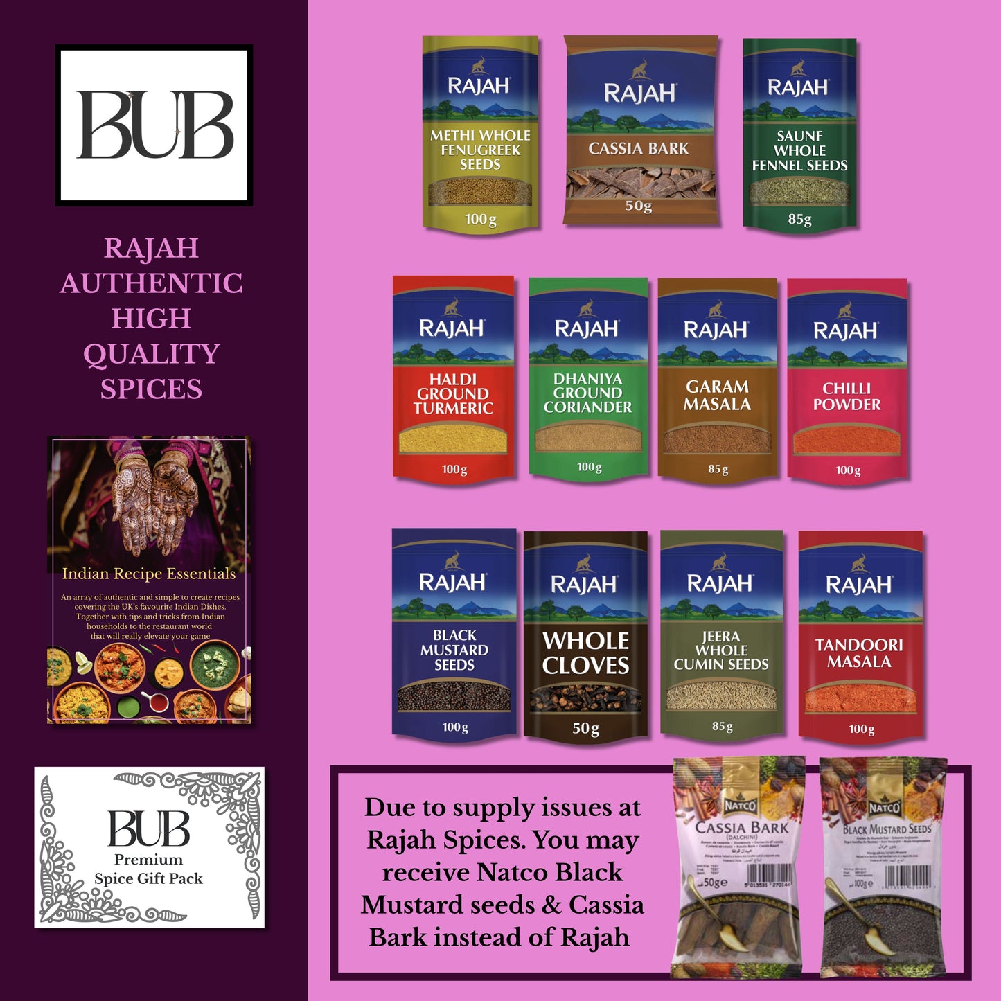 BUB Indian Spices for Cooking Gift Box & Curry Kit - Indian Essentials Recipe Booklet & Premium Quality Rajah Spices - Spice Tin Refill Kit