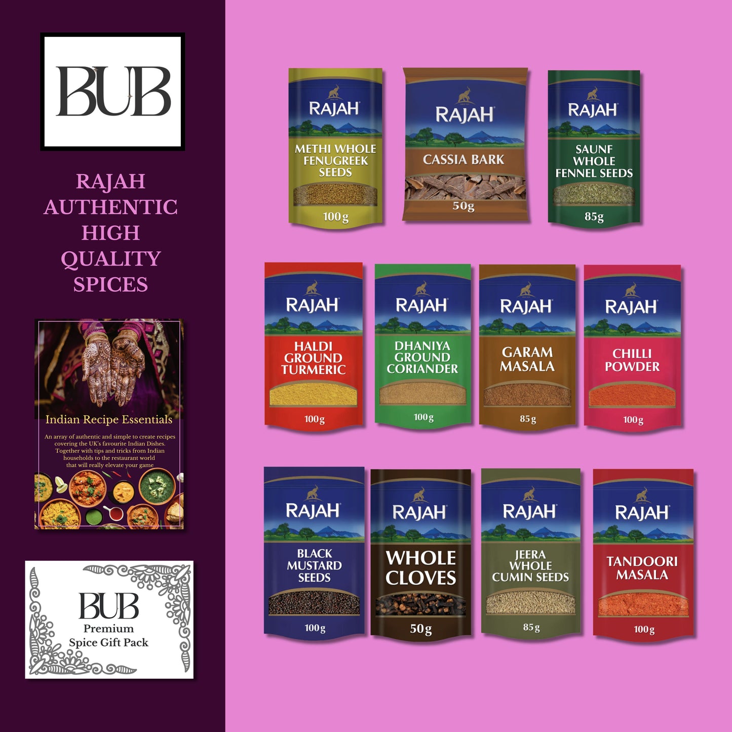 BUB Indian Spices for Cooking Gift Box & Curry Kit - Indian Essentials Recipe Booklet & Premium Quality Rajah Spices - Spice Tin Refill Kit