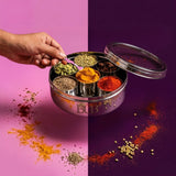 BUB Masala Dabba 18.5cm | Stainless Steel Indian Spice Tin with 7 Pots, Clear Lid & Spoon