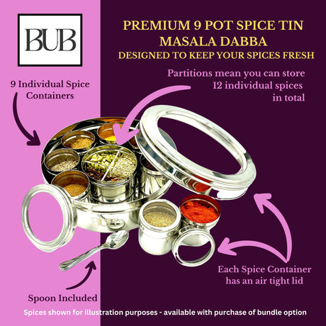 Masala Dabba Gift Set 22cm | Indian Spice Tin with Rajah Spices & Recipe Book