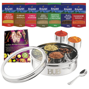 BUB 18.5cm Masala Dabba Spice Tin with Rajah SpicesA premium 18.5cm stainless steel masala dabba with Rajah spices and a BUB recipe book — a complete Indian spice tin gift set for curry lovers and home cooks - BUB BRANDS