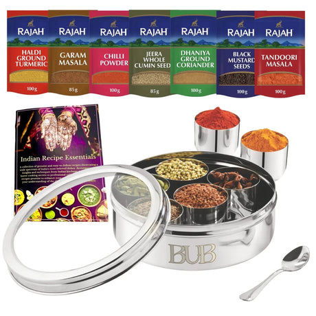 BUB 18.5cm Masala Dabba Spice Tin with Rajah SpicesA premium 18.5cm stainless steel masala dabba with Rajah spices and a BUB recipe book — a complete Indian spice tin gift set for curry lovers and home cooks - BUB BRANDS