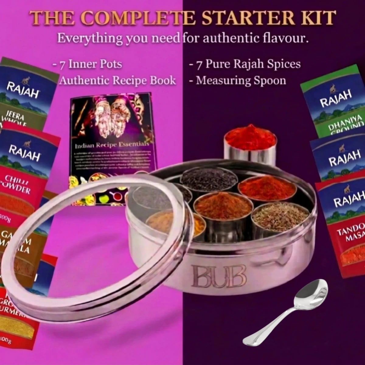 BUB 18.5cm Masala Dabba Spice Tin with Rajah SpicesA premium 18.5cm stainless steel masala dabba with Rajah spices and a BUB recipe book — a complete Indian spice tin gift set for curry lovers and home cooks - BUB BRANDS