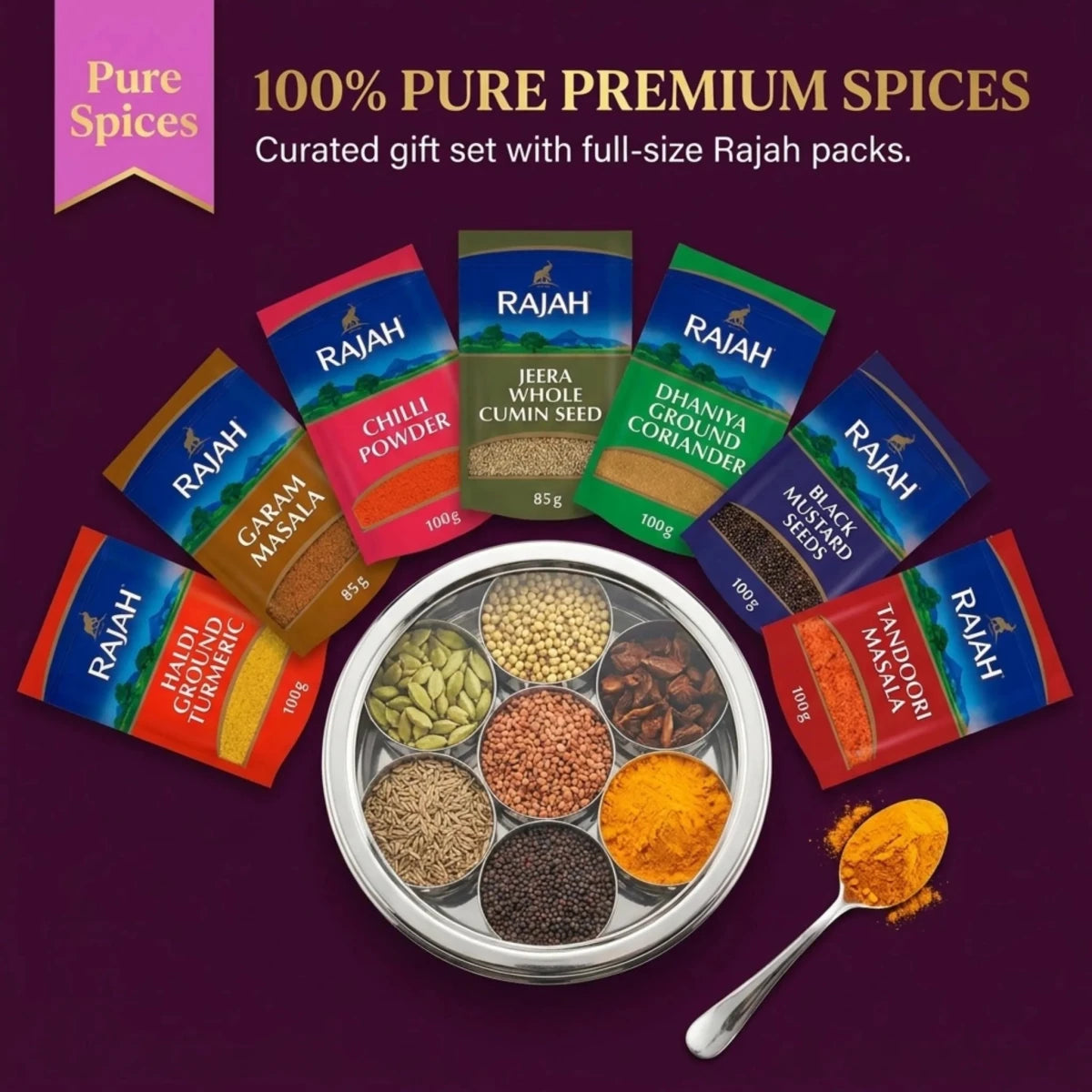BUB 18.5cm Masala Dabba Spice Tin with Rajah SpicesA premium 18.5cm stainless steel masala dabba with Rajah spices and a BUB recipe book — a complete Indian spice tin gift set for curry lovers and home cooks - BUB BRANDS