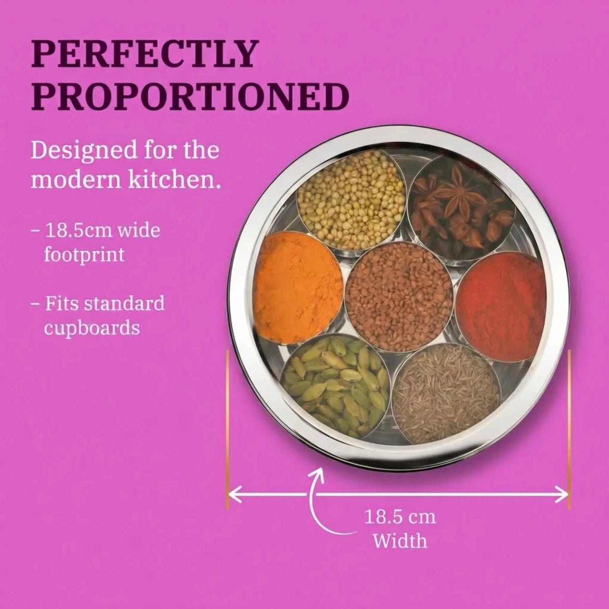 BUB 18.5cm Masala Dabba Spice Tin with Rajah SpicesA premium 18.5cm stainless steel masala dabba with Rajah spices and a BUB recipe book — a complete Indian spice tin gift set for curry lovers and home cooks - BUB BRANDS