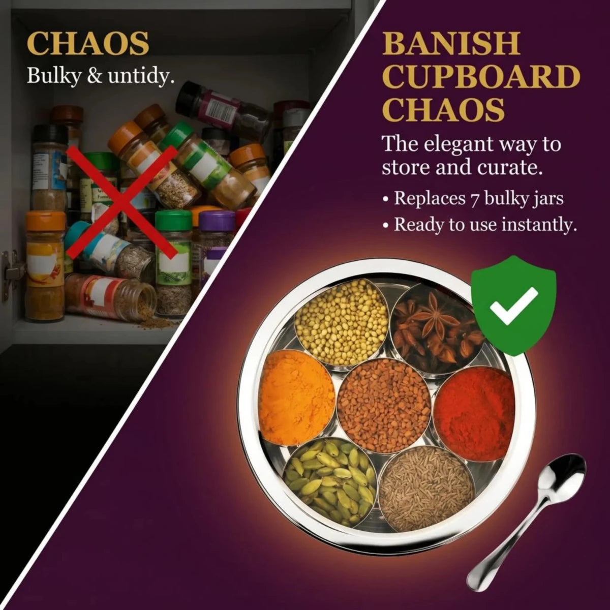 BUB 18.5cm Masala Dabba Spice Tin with Rajah SpicesA premium 18.5cm stainless steel masala dabba with Rajah spices and a BUB recipe book — a complete Indian spice tin gift set for curry lovers and home cooks - BUB BRANDS