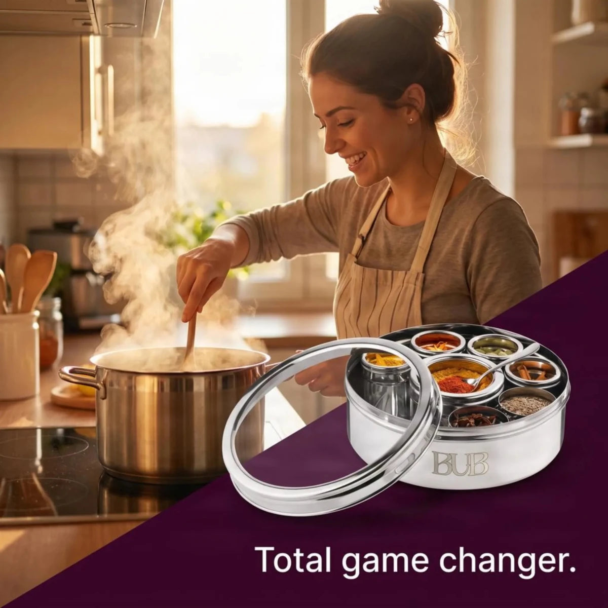 BUB Premium Masala Dabba 22cm | Stainless Steel Indian Spice Tin with 9 Pots, Airtight Lids & Spoon - BUB BRANDS