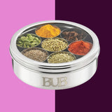 BUB Masala Dabba 18.5cm | Stainless Steel Indian Spice Tin with 7 Pots, Clear Lid & Spoon