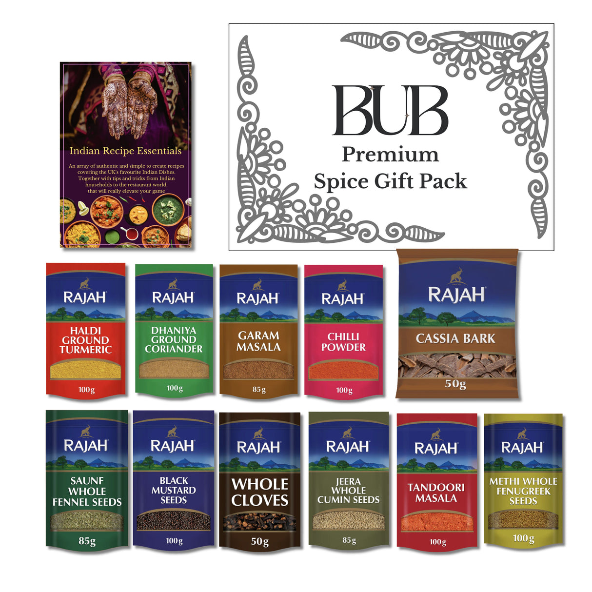 BUB Indian Spices for Cooking Gift Box & Curry Kit - Indian Essentials Recipe Booklet & Premium Quality Rajah Spices - Spice Tin Refill Kit