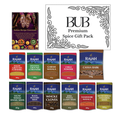 BUB Indian Spices for Cooking Gift Box & Curry Kit - Indian Essentials Recipe Booklet & Premium Quality Rajah Spices - Spice Tin Refill Kit