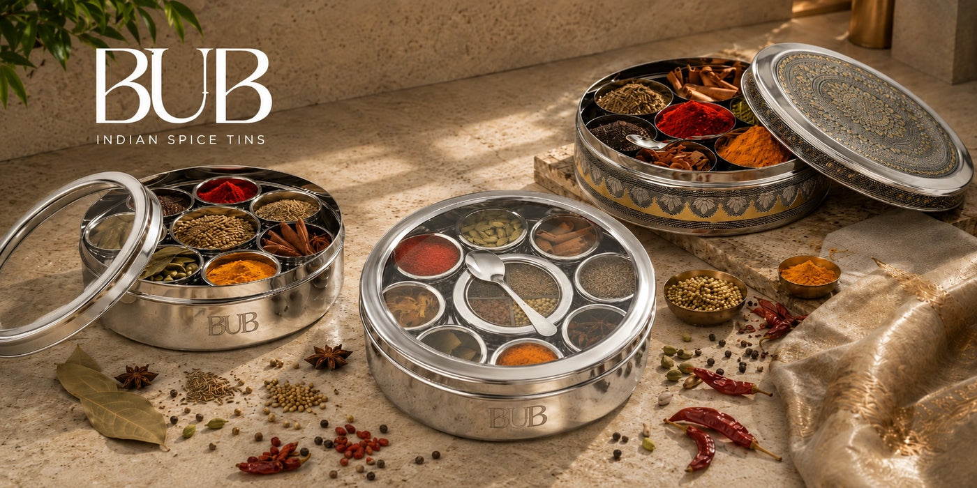 Indian spice tins and masala dabbas for storing curry spices